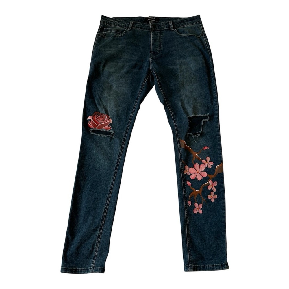 Forever 21 Men's Indigo Distressed Denim Pants with Unique artwork